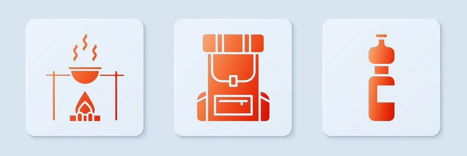 Set Hiking backpack, Campfire and pot and Bottle of water. White square but.. Stock Illustration