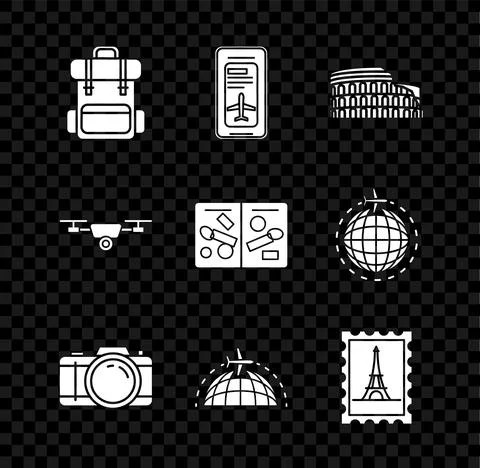 Set Hiking backpack, Coliseum Rome, Italy, Photo camera, Globe flying plane Stock Illustration