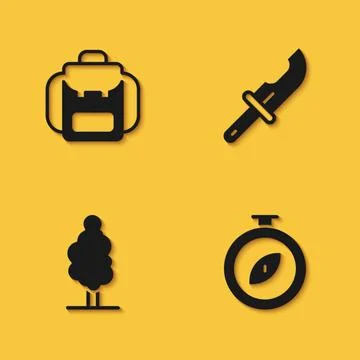 Set Hiking backpack, Compass, Tree and Hunter knife icon with long shadow Illustrazione stock