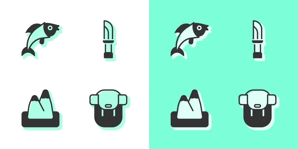 Set Hiking backpack, Fish, Mountains and Knife icon. Vector Illustrazione stock