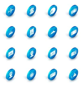 Set Hiking backpack, Globe with flying plane, Photo camera, Postal stamp and Stock Illustration