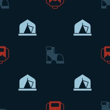Set Hiking backpack, Hunter boots and Tourist tent on seamless pattern. Vector 库存插图