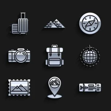 Set Hiking backpack, Map pointer with Egypt pyramids, Airline ticket, Globe Stock Illustration