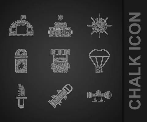 Set Hiking backpack, Rocket, Sniper optical sight, Box flying on parachute Illustrazione stock