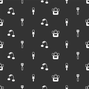 Set Hiking backpack, Spatula, Cherry and Ice cream on seamless pattern. Vector Stock Illustration