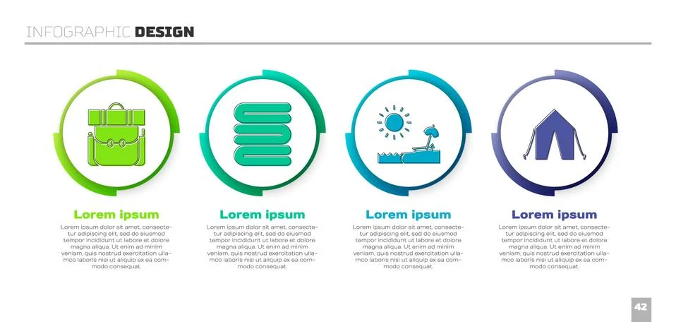 Set Hiking backpack, Towel stack, Beach with umbrella and chair and Tourist t Illustrazione stock