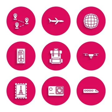 Set Hiking backpack, Train, Drone flying with action video, Postal stamp and Stock Illustration