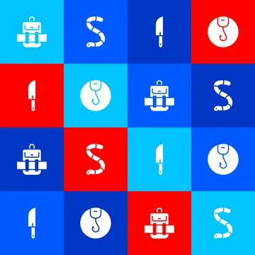 Set Hiking backpack, Worm, Knife and Fishing hook icon. Vector Stock Illustration
