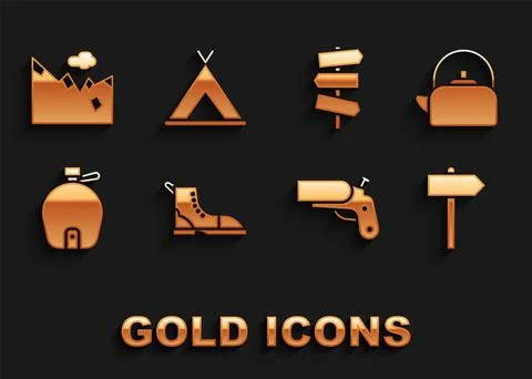 Set Hiking boot, Kettle with handle, Road traffic signpost, Flare gun pistol Illustration