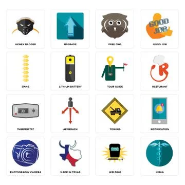 Set of hipaa, welding, photography camera, towing, thermostat, tour guide, sp Free Stock Illustration