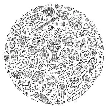 Set of Hippie cartoon doodle objects Illustrazione stock