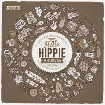 Set of Hippie cartoon doodle objects, symbols and items Stock Illustration
