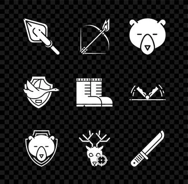 Set Hipster arrow tip, Bow and fire, Bear head, on shield, Hunt deer with c.. Stock Illustration