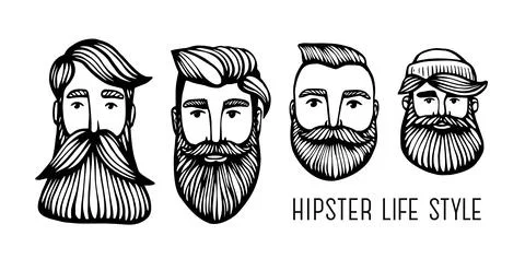 Set Hipster heads with beards. Hand-Drawn Doodle. Vector Illustration - stock Stock Illustration