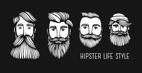 Set Hipster heads with beards. Hand-Drawn Doodle. Vector Illustration - stock Stock Illustration