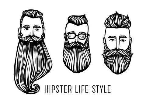 Set of Hipster heads with beards. Hand-Drawn Doodle. Vector Illustration - st Stock Illustration