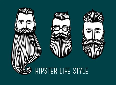 Set of Hipster heads with beards. Hand-Drawn Doodle. Vector Illustration - st Stock Illustration