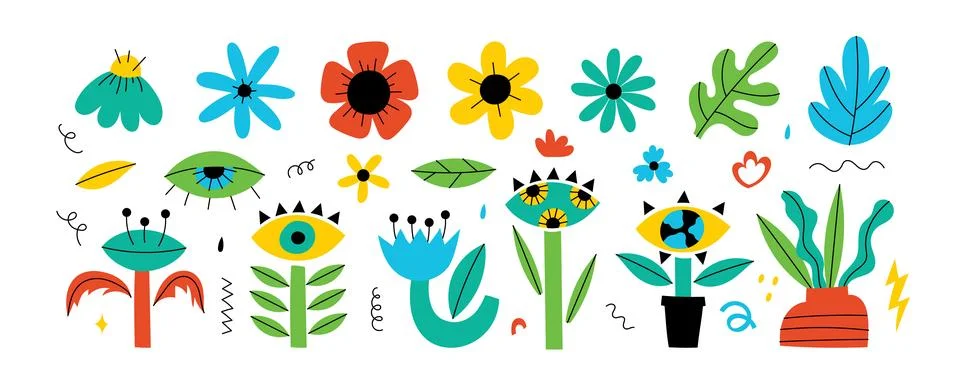 Set of hipster retro cool psychedelic flowers Stock Illustration