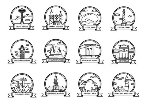 Set Of Historical Usa Landmarks Stock Illustration