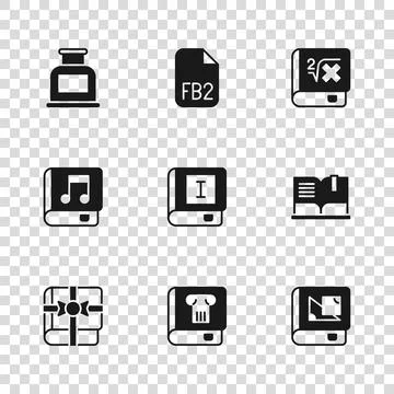 Set History book, Open, Book about geometry, with mathematics, Inkwell, FB2.. Stock Illustration