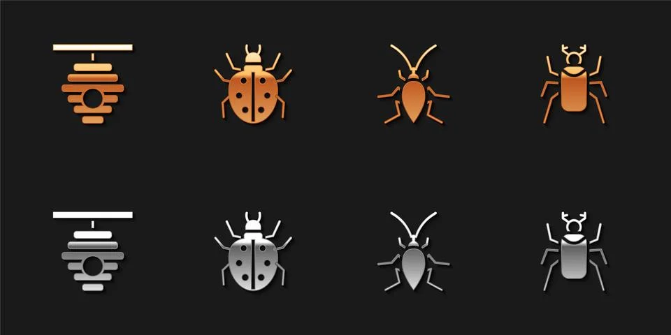 Set Hive for bees, Mite, Cockroach and Beetle bug icon. Vector Stock Illustration