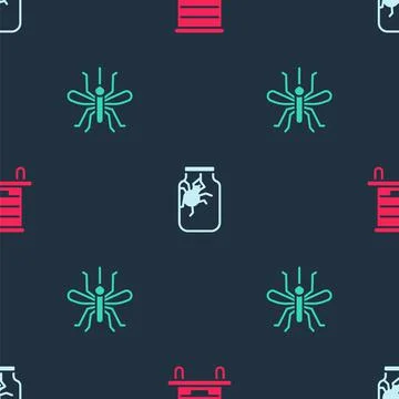 Set Hive for bees, Spider in jar and Mosquito on seamless pattern. Vector イラスト素材