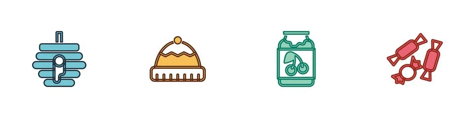 Set Hive for bees, Winter hat, Jam jar and Candy icon. Vector Stock Illustration