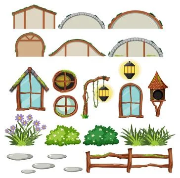 Set of hobbit house with seperate door and window Illustrazione stock