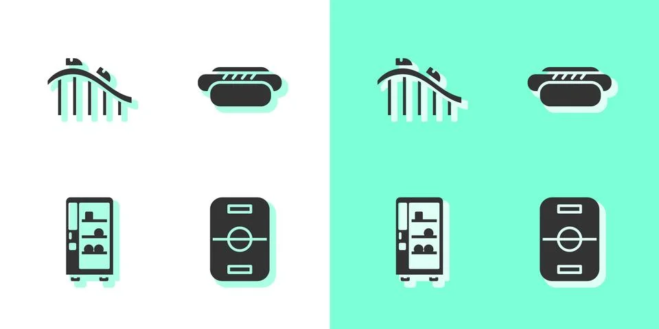 Set Hockey table, Roller coaster, Vending machine and Hotdog icon. Vector Stock Illustration