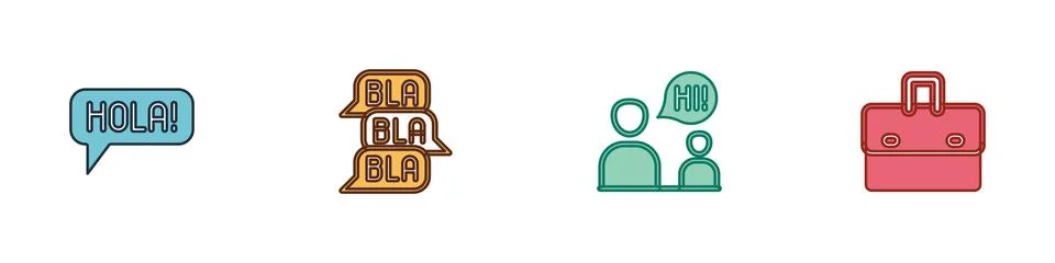 Set Hola in different languages, Speech bubble chat, Two sitting men talking and イラスト素材