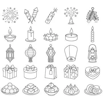 Set of Holiday Celebration Icons Featuring Fireworks Lanterns Gifts and Sweet Stockillustratie