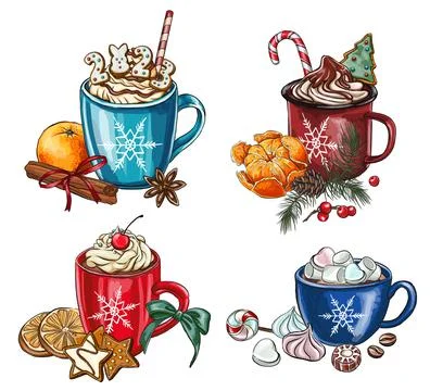 Set holiday composition with hot drink. Decoration with tangerine, cookies,.. Stock Illustration