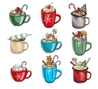 Set holiday composition with hot drink. Decoration with tangerine, cookies,.. Stock Illustration