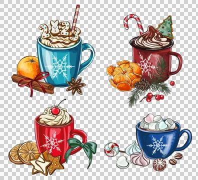 Set holiday composition with hot drink. Decoration with tangerine, cookies,.. Stock Illustration