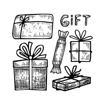 Set of holiday gift boxes in paper wrapping with ribbon and bow. Hand drawn l Stock Illustration