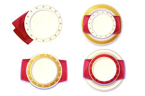Set Holiday plate, bright empty dish top view with golden stars, border ornament Stock Illustration