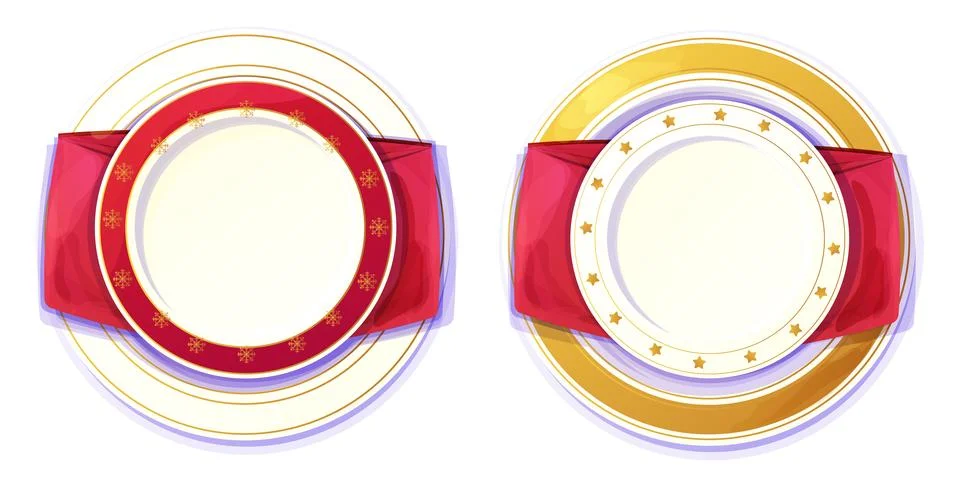 Set Holiday plate, bright empty dish top view with golden stars, border ornament Illustration