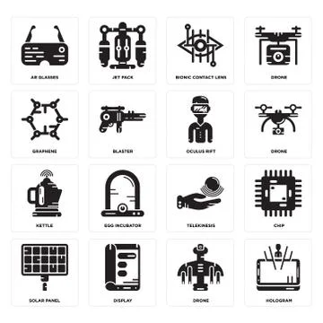 Set of Hologram, Drone, Solar panel, Telekinesis, Kettle, Oculus rift, Graphe Free Stock Illustration