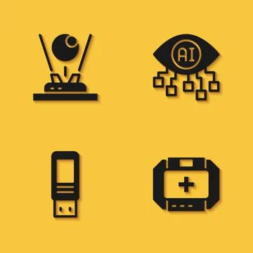 Set Hologram, First aid kit, USB flash drive and Computer vision icon with lo Illustrazione stock