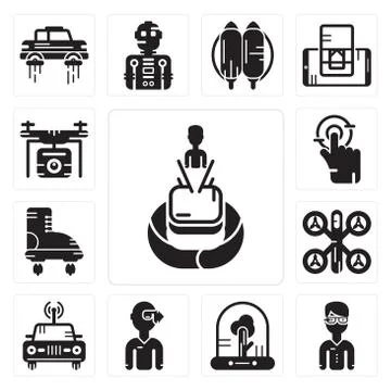 Set of Hologram, Google glasses, Tree, Vr Car, Drone, Boots, Tap, Drone icons Illustrazione stock gratuita