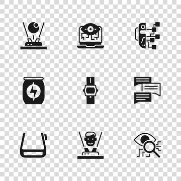 Set Hologram, Speech bubble chat, Eye scan, Wrist watch, Humanoid robot, Co.. Stock Illustration