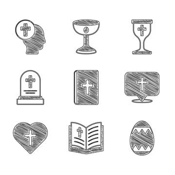Set Holy bible book, Easter egg, Location church building, Christian cross heart Ilustración de archivo