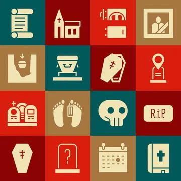 Set Holy bible book, Speech bubble rip death, Location grave, Crematorium, .. Stock Illustration