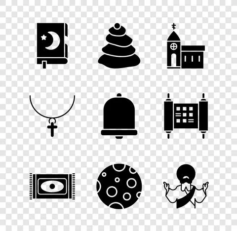 Set Holy book of Koran, Stack hot stones, Church building, Traditional carpet Stock Illustration