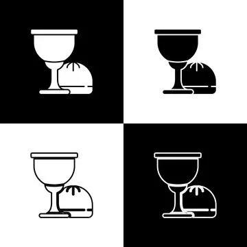 Set Holy grail or chalice icon isolated on black and white background. Christian Stock Illustration
