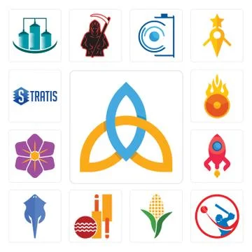 Set of holy trinity, batsman, corn stalk, cricket club, stingray, rocketship, Free Stock Illustration