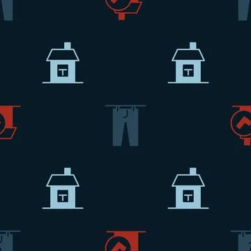 Set Home cleaning service, Drying clothes and House on seamless pattern. Vector Stock Illustration