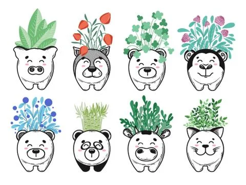Set home plants in pots with muzzles of animals. Cute muzzle on the pot. Vect Stock Illustration