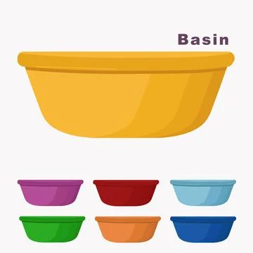 Set of home plastic basins. Collection of various basins for food and home cl Stock Illustration