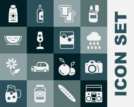Set Home stereo with two speakers, Photo camera, Cloud rain, Bread toast, Wine Stock Illustration